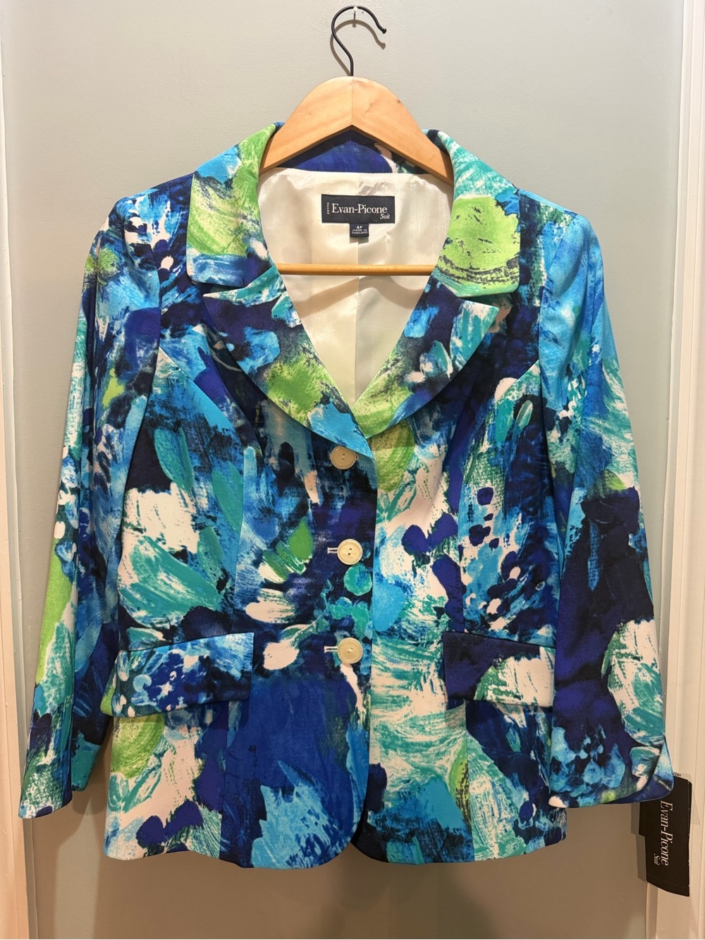 Evan Picone Blue & Green Abstract Brushstroke Blazer